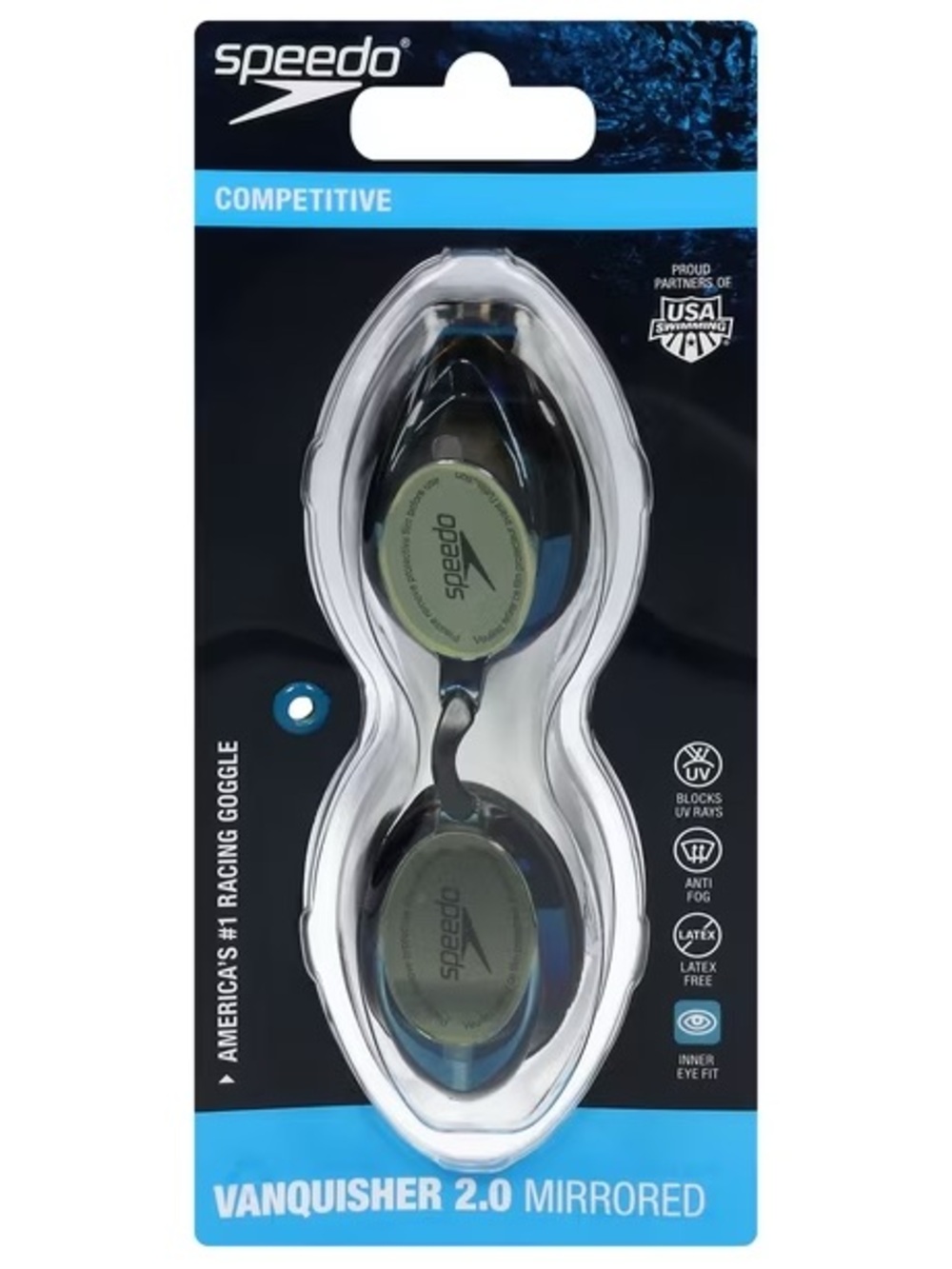 NIB Speedo Vanquisher 2.0 Mirrored Swim Goggles Panoramic Anti-Fog UV-Block